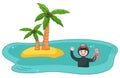 Scuba diver young man over water near the island with palm trees holding pink octopus waving hand