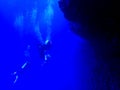 Divers Along Wall in Deep Blue with Bubbles