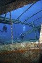 Scuba divers explore a shipwreck underwater