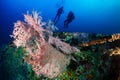 SCUBA Divers exploring a deep, underwater shipwreck