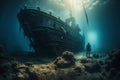 Scuba divers exploring a sunken shipwreck, underwater mysteries, high quality. Generative AI