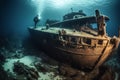 Scuba divers exploring a sunken shipwreck, underwater mysteries, high quality. Generative AI