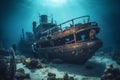 Scuba divers exploring a sunken shipwreck, underwater mysteries, high quality. Generative AI