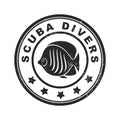 Scuba Divers round grunge rubber vector stamp with fish inside