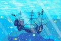 Scuba divers on the seabed explore an ancient sunken boat - vector cartoon illustration in flat stile