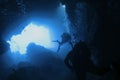 Scuba Divers Silhouette Underwater Cave Royalty Free Stock Photo