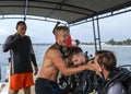 Scuba divers in suit for diving having fun in boat off the coast of Sri Lanka . Diver school Royalty Free Stock Photo