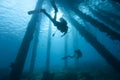 Scuba Divers under pier, Bonaire Royalty Free Stock Photo