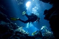 Scuba divers in underwater cave Royalty Free Stock Photo