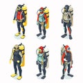 Scuba divers vector illustration set wearing dive suits, masks, oxygen tanks. Six 3D isometric