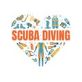 Scuba Diving Banner Template with Diving Professional Equipment Seamless Pattern of Heart Shape, Water Active Sport