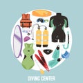 Scuba diving center banner vector illustration. Diver wetsuit, scuba mask, snorkel, fins, oxygen cylinders, lifebuoy Royalty Free Stock Photo