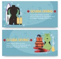 Scuba diving center set of banners vector illustration. Diver wetsuit, scuba mask, snorkel, fins, lifebuoy, flippers Royalty Free Stock Photo