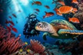 scuba diving. diver swimming underwater with fish and turtle in coral reef. generative AI