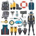 Scuba diving equipment accessories collection. Diver man in underwater wetsuit.