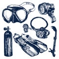 Scuba Diving Equipment Sketch Set. Royalty Free Stock Photo