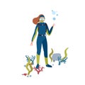 Scuba diving flat vector illustration. Female diver at ocean bottom cartoon character. Marine flora and fauna searching