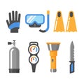 Scuba diving gear flat icon set