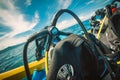 Scuba diving kit set on the boat, ready for dive Royalty Free Stock Photo