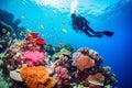 Scuba diving man exploring a breathtaking coral reef teeming with vibrant marine life, offering a captivating glimpse into the