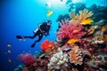 Scuba diving man exploring a breathtaking coral reef teeming with vibrant marine life, offering a captivating glimpse into the