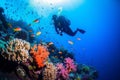 Scuba diving man exploring a breathtaking coral reef teeming with vibrant marine life, offering a captivating glimpse into the