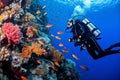 Scuba diving man exploring a breathtaking coral reef teeming with vibrant marine life, offering a captivating glimpse into the