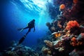 Scuba diving man exploring a breathtaking coral reef teeming with vibrant marine life, offering a captivating glimpse into the