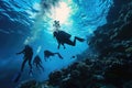 Scuba Diving Men in Blue Water, Diving in the Great Barrier Reef, Tropical Divers, Deep Underwater Royalty Free Stock Photo