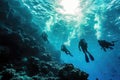 Scuba Diving Men in Blue Water, Diving in the Great Barrier Reef, Tropical Divers, Deep Underwater Royalty Free Stock Photo