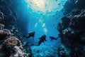 Scuba Diving Men in Blue Water, Diving in the Great Barrier Reef, Tropical Divers, Deep Underwater Royalty Free Stock Photo