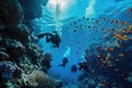 Scuba Diving Men in Blue Water, Diving in the Great Barrier Reef, Tropical Divers, Deep Underwater Royalty Free Stock Photo