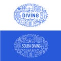 Scuba diving, snorkeling banner illustration. Water sport vector flat line icons, summer activity. Spearfishing Royalty Free Stock Photo