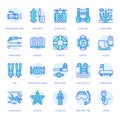 Scuba diving, snorkeling line icons. Spearfishing equipment - mask tube, flippers, swim suit, diver. Water sport, summer Royalty Free Stock Photo