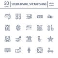 Scuba diving, snorkeling line icons. Spearfishing equipment, mask, tube, flippers, swim suit. Water sport thin linear Royalty Free Stock Photo