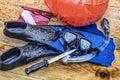 Scuba, diving, snorkeling with swimming fins, diving mask, snorkel, signal flask and knife Royalty Free Stock Photo