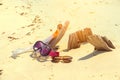 Scuba Diving Snorkelling And sunglasses On Timber beach Relax Summer Vacation Holiday Concept Toned Royalty Free Stock Photo