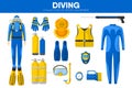 Scuba diving sport equipment snorkeling diver garment clothing accessory vector icons set