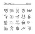 Scuba diving, underwater animals, equipment, certificate and more, thin line icons set