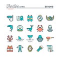Scuba diving, underwater animals, equipment, certificate and more, thin line color icons set Royalty Free Stock Photo