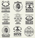 Scuba diving vintage vector labels. Spearfishing retro seal