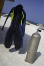 Scuba gear by fishing boats near the Caribbean sea Royalty Free Stock Photo