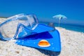 Scuba mask and fins on the pebbles by the sea in summertime Royalty Free Stock Photo