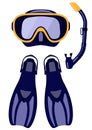 Scuba mask and snorkel, diving flippers isolated on white background, illustration. Royalty Free Stock Photo