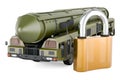 Scud missile, mobile short-range ballistic missile system with padlock. 3D rendering