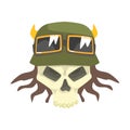 Scull In Green Helmet With Shades, Colorful Sticker With War And Biker Culture Attributes Vector Icon