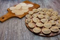 Sculpt pierogy and pelmeni concept. Include rustic cutting board, making pierogies on a rustic wooden table. dumplings