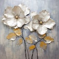 Sculpted Impressionism: Silver And Gold Painted Flowers On Grey Canvas Royalty Free Stock Photo