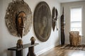 sculpted metal wall art decorates the entryway of a bohemian home, with wooden floors and neutral walls