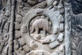 Sculpted stone depicting a dinosaur at the ancient Ta Prohm temple at Angkor Wat.